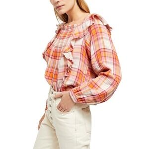 We The Free Sienna Plaid Top Women M Pink Orange Ruffle Smocked Boho Cottagecore